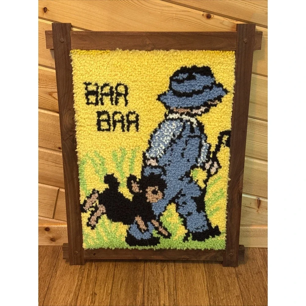 Vintage Latch & Hook Rug Wall Art Baa Baa Black Sheep 70's  29.5